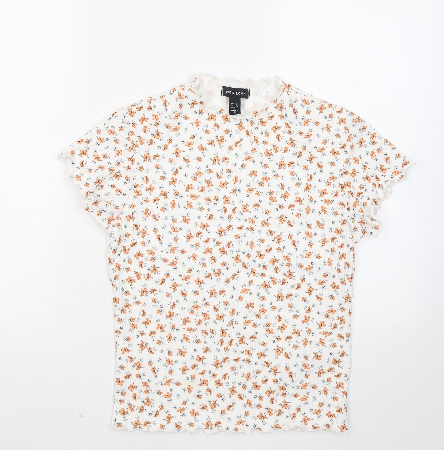 New Look Womens White Floral Polyester Basic T-Shirt Size 14 Round Neck