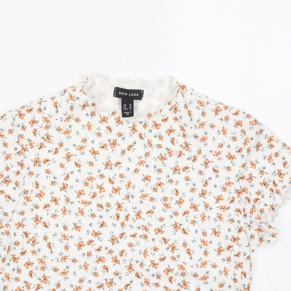 New Look Womens White Floral Polyester Basic T-Shirt Size 14 Round Neck