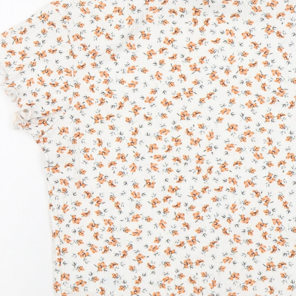 New Look Womens White Floral Polyester Basic T-Shirt Size 14 Round Neck