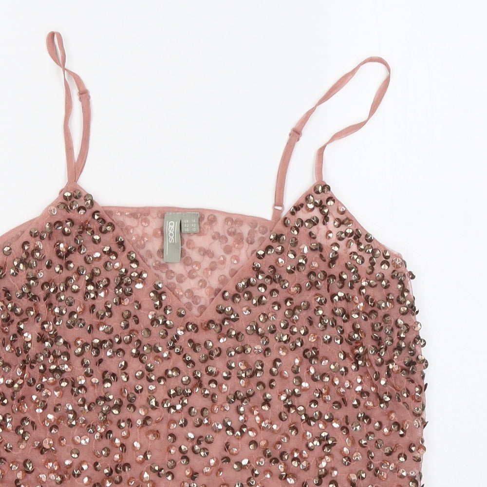 ASOS Womens Pink Geometric Polyester Basic Tank Size 14 Round Neck