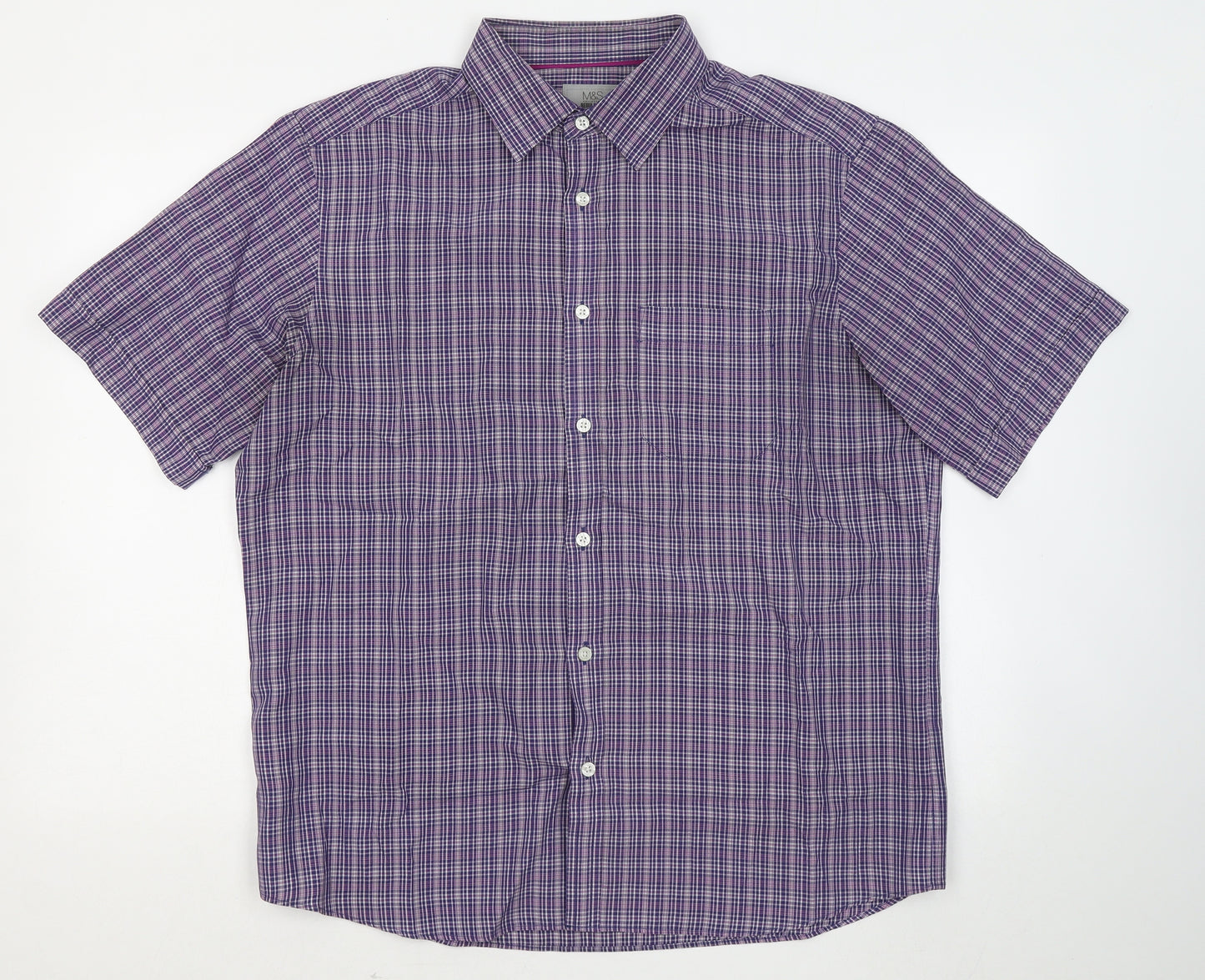 Marks and Spencer Mens Purple Plaid Cotton Button-Up Size L Collared