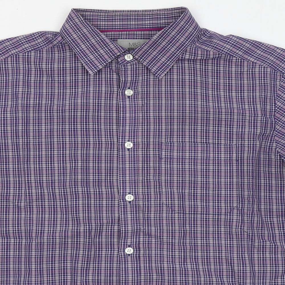 Marks and Spencer Mens Purple Plaid Cotton Button-Up Size L Collared