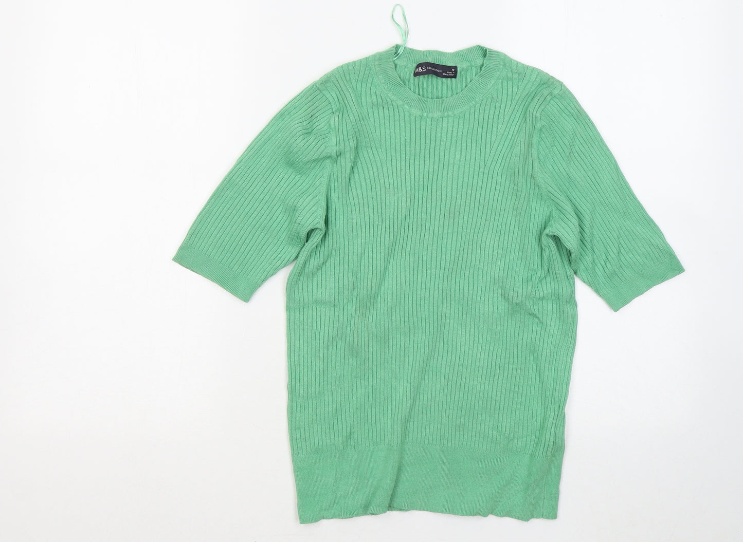 Marks and Spencer Womens Green Viscose Basic T-Shirt Size 12 Round Neck
