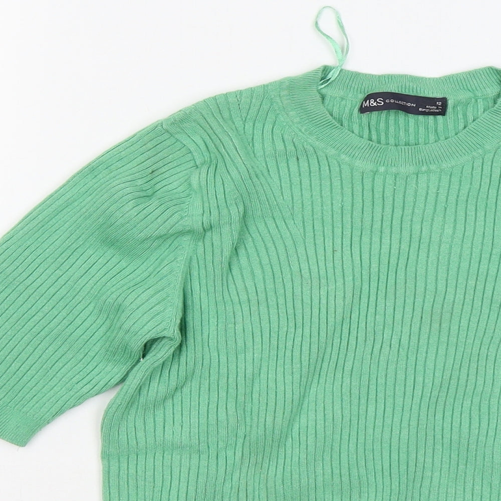 Marks and Spencer Womens Green Viscose Basic T-Shirt Size 12 Round Neck