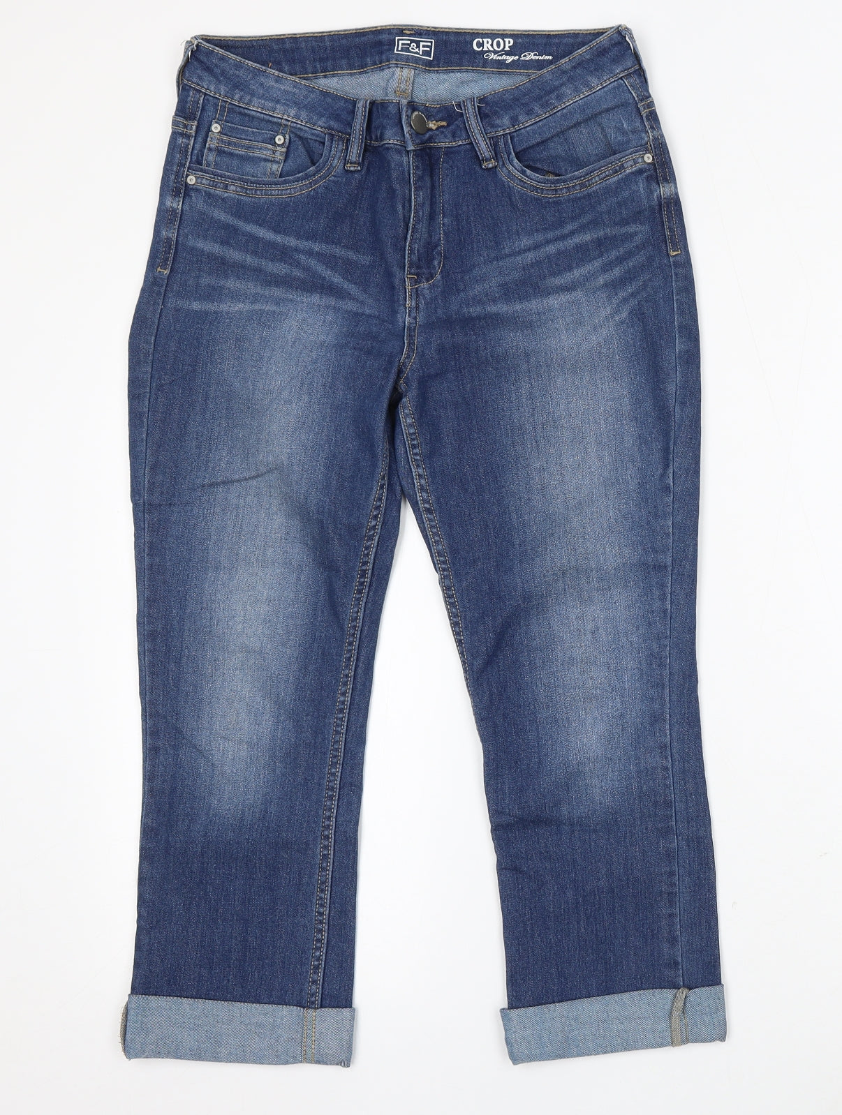 F&F Womens Blue Cotton Cropped Jeans Size 10 L23 in Regular Button