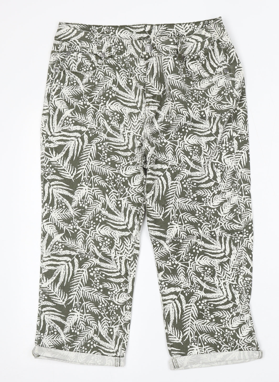 Peacocks Womens Green Geometric Cotton Cropped Jeans Size 14 L21 in Regular Button