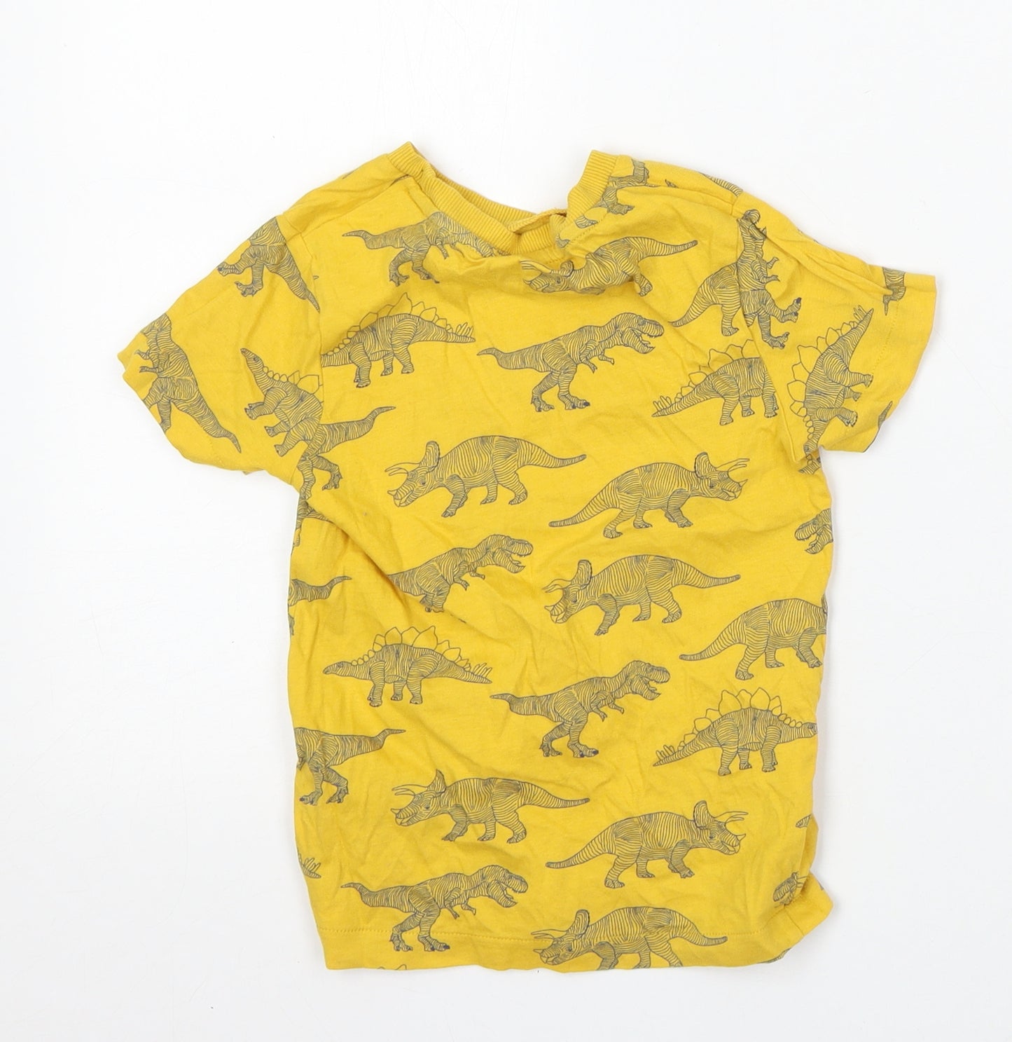 Marks and Spencer Boys Yellow Geometric Cotton Basic T-Shirt Size 5-6 Years Round Neck