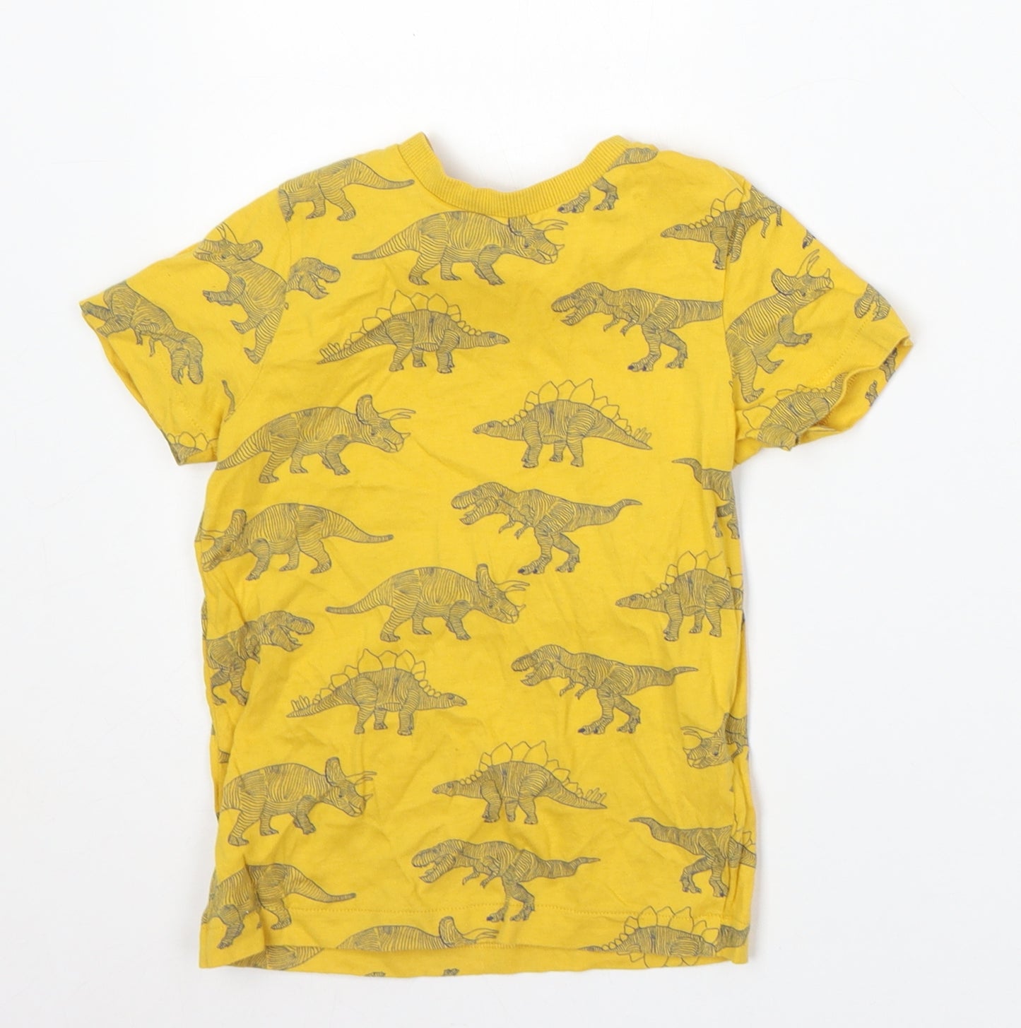 Marks and Spencer Boys Yellow Geometric Cotton Basic T-Shirt Size 5-6 Years Round Neck