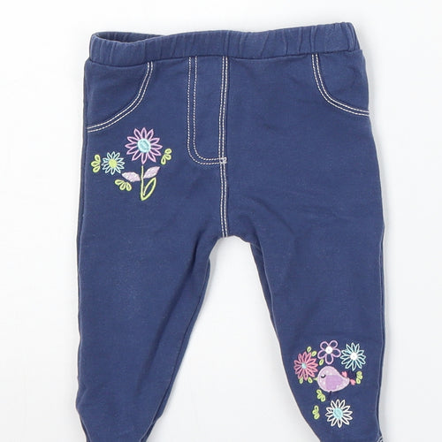 M&Co Girls Blue Floral Cotton Jogger Trousers Size 6-9 Months