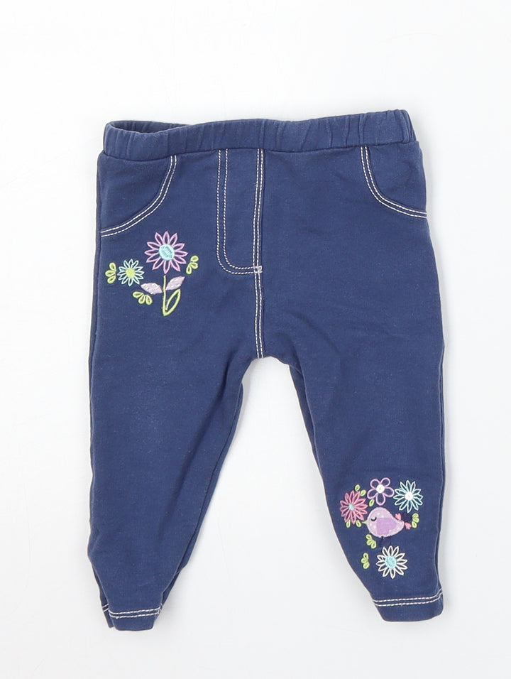 M&Co Girls Blue Floral Cotton Jogger Trousers Size 6-9 Months