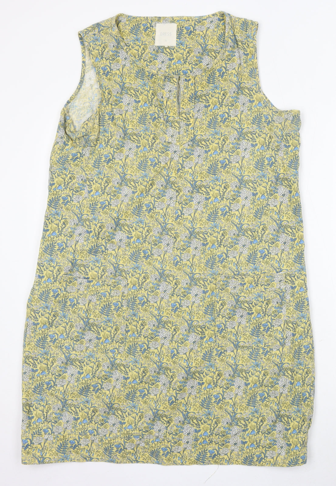 NEXT Womens Yellow Geometric Linen Sheath Size 16 Round Neck