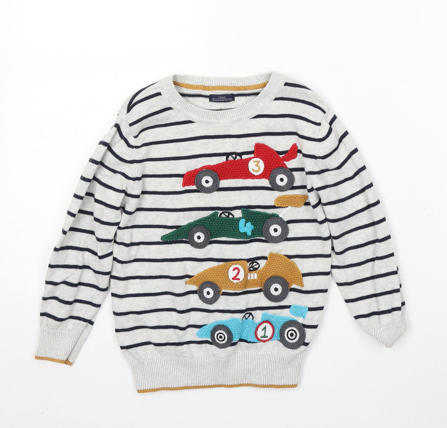 NEXT Boys Grey Round Neck Striped Cotton Pullover Jumper Size 3-4 Years - cars