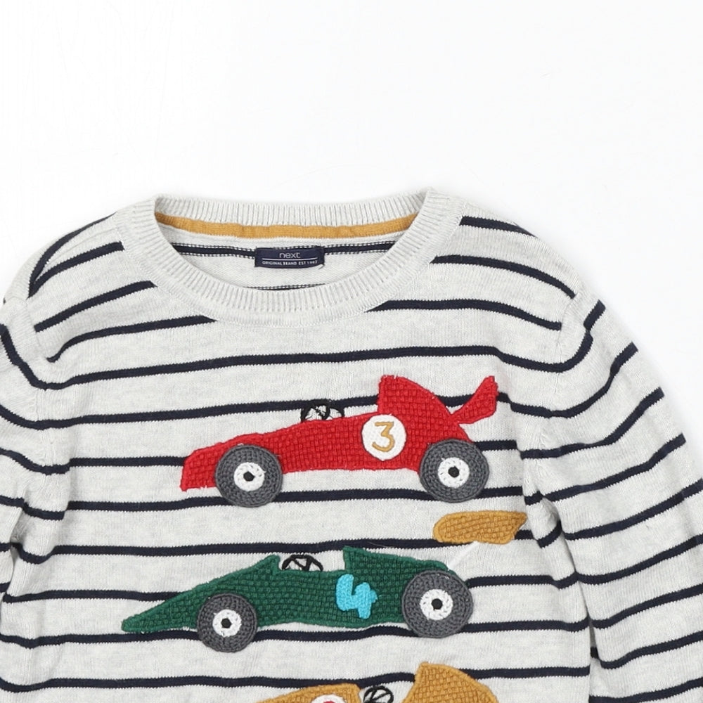 NEXT Boys Grey Round Neck Striped Cotton Pullover Jumper Size 3-4 Years - cars