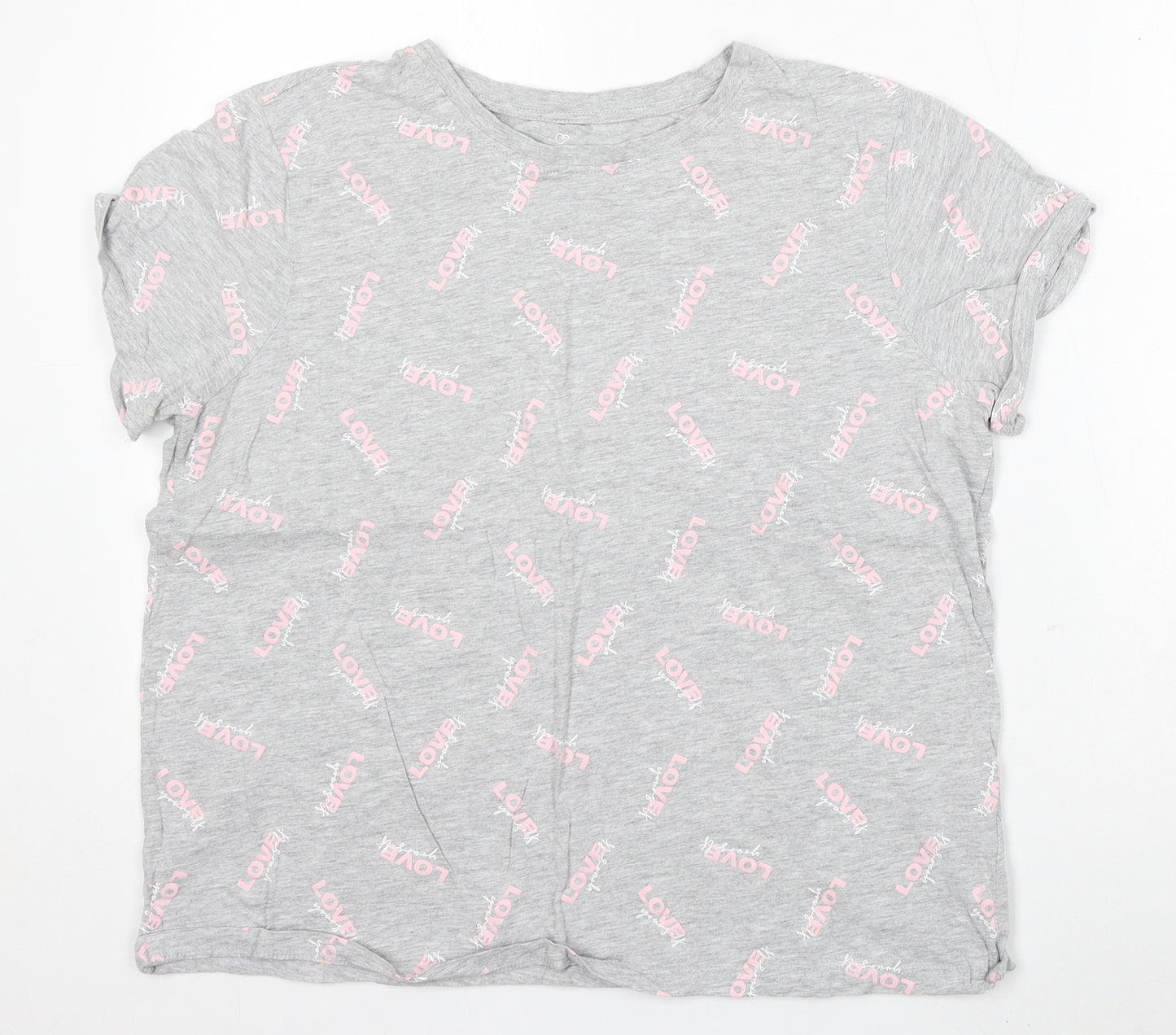 Primark Womens Grey Geometric Cotton Basic T-Shirt Size 14 Round Neck