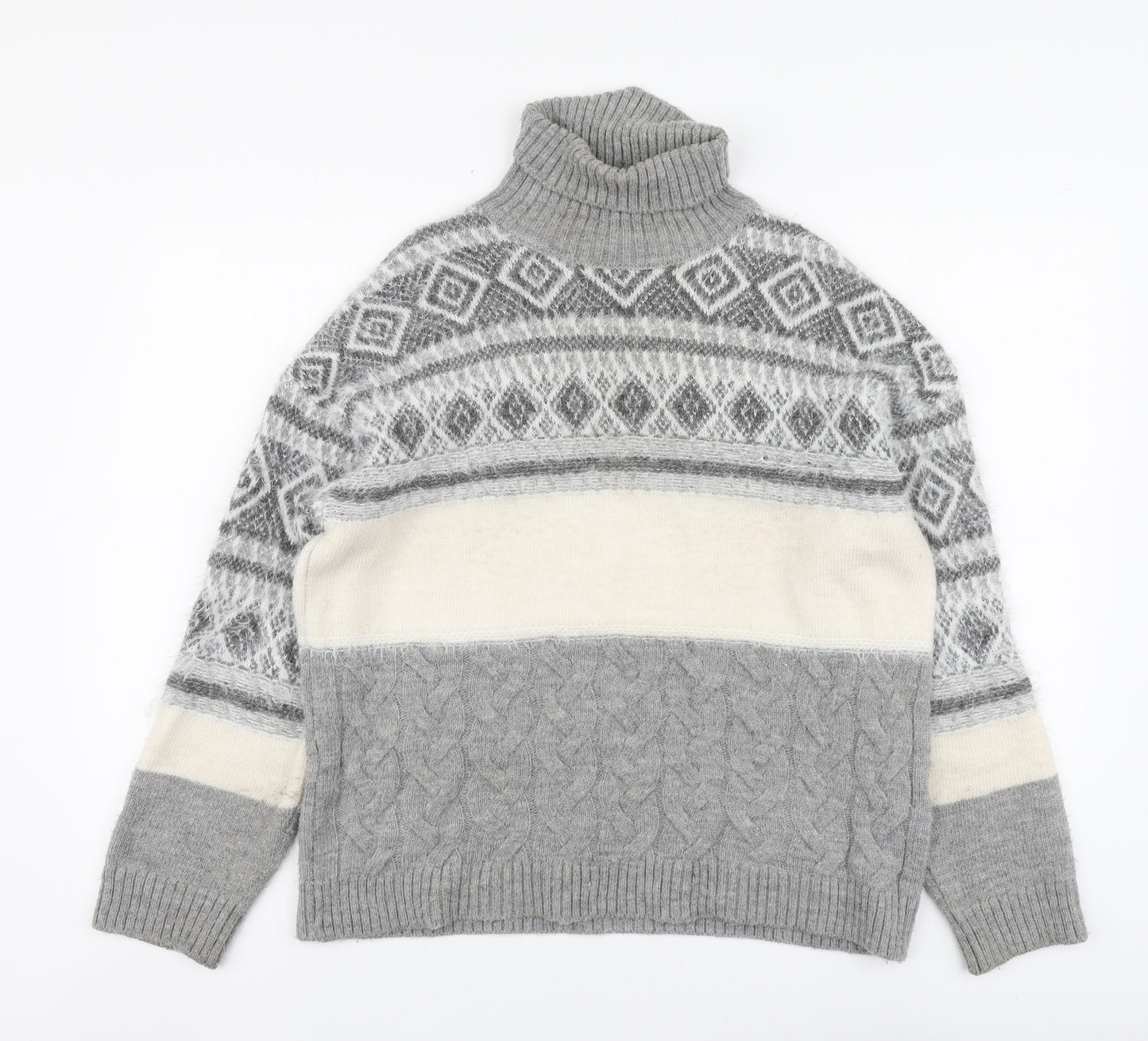 Marks and Spencer Womens Grey Roll Neck Fair Isle Acrylic Henley Jumper Size M