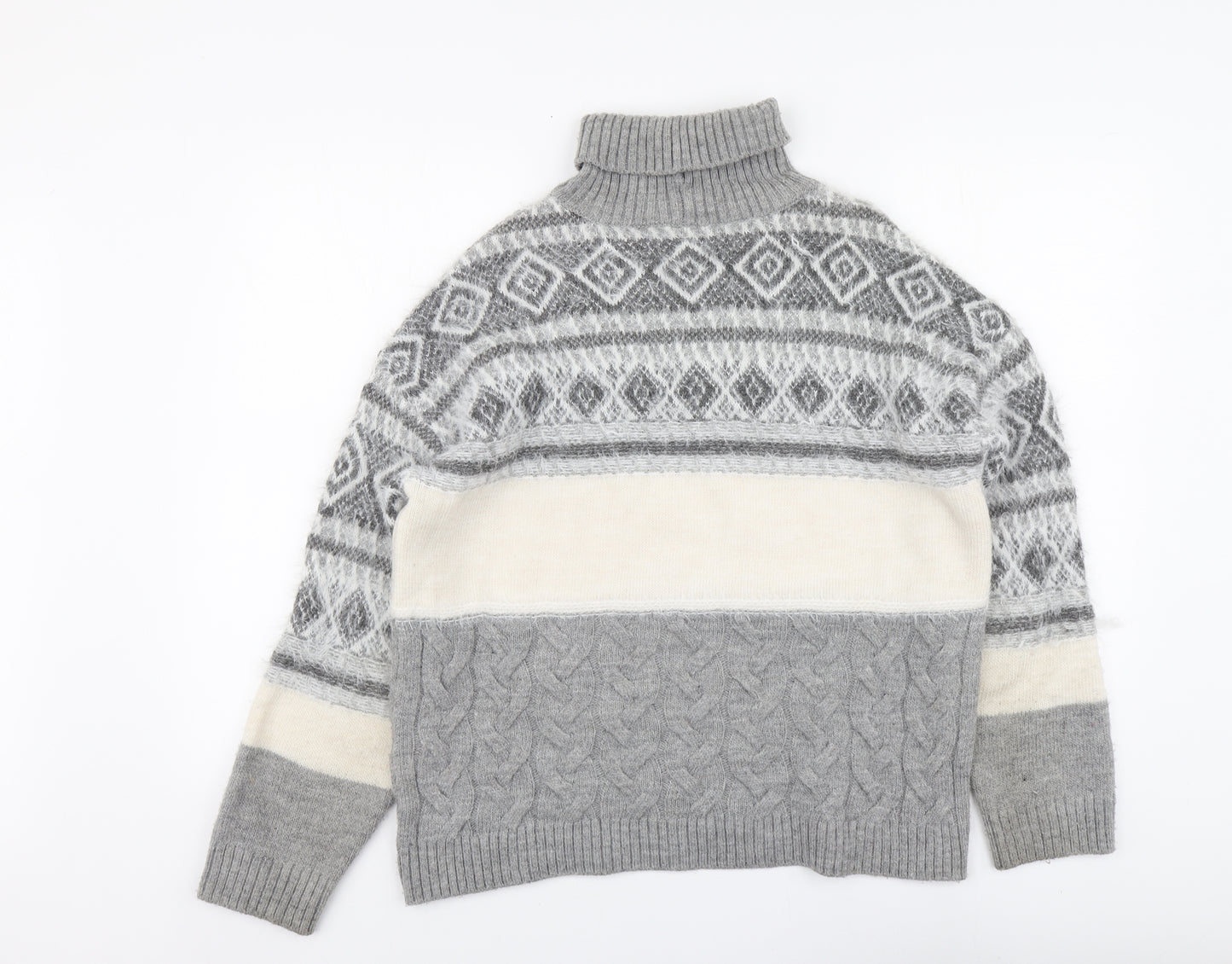 Marks and Spencer Womens Grey Roll Neck Fair Isle Acrylic Henley Jumper Size M