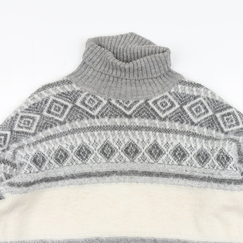 Marks and Spencer Womens Grey Roll Neck Fair Isle Acrylic Henley Jumper Size M