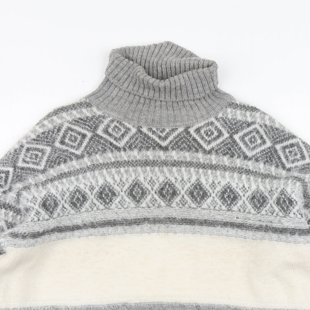 Marks and Spencer Womens Grey Roll Neck Fair Isle Acrylic Henley Jumper Size M
