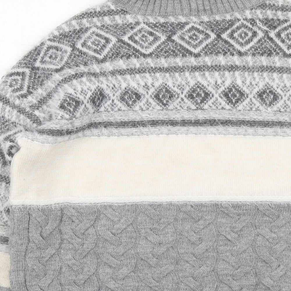 Marks and Spencer Womens Grey Roll Neck Fair Isle Acrylic Henley Jumper Size M