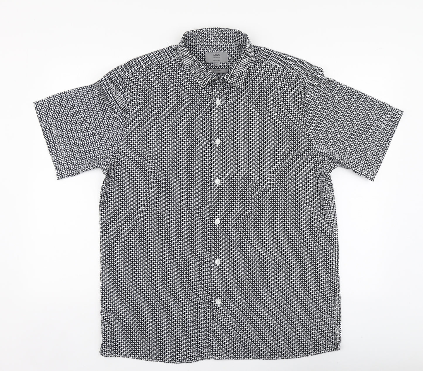 Marks and Spencer Mens Black Geometric Polyester Button-Up Size M Collared