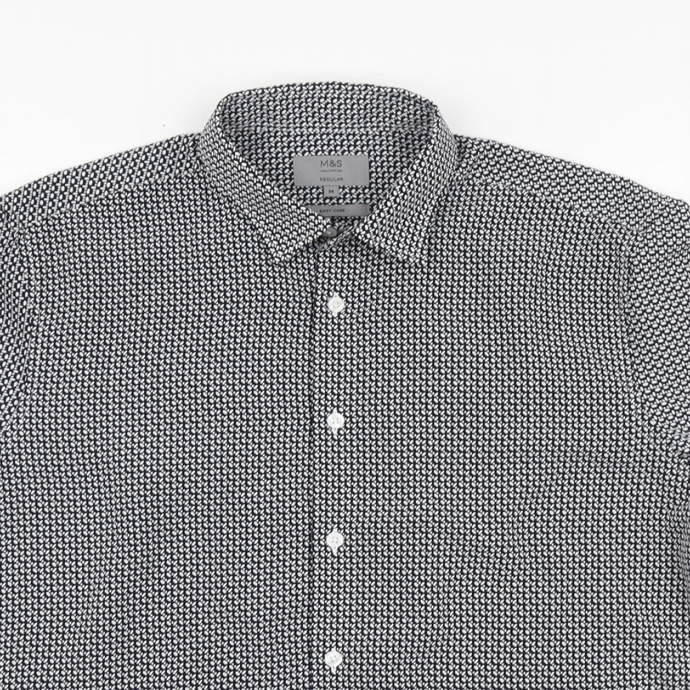 Marks and Spencer Mens Black Geometric Polyester Button-Up Size M Collared