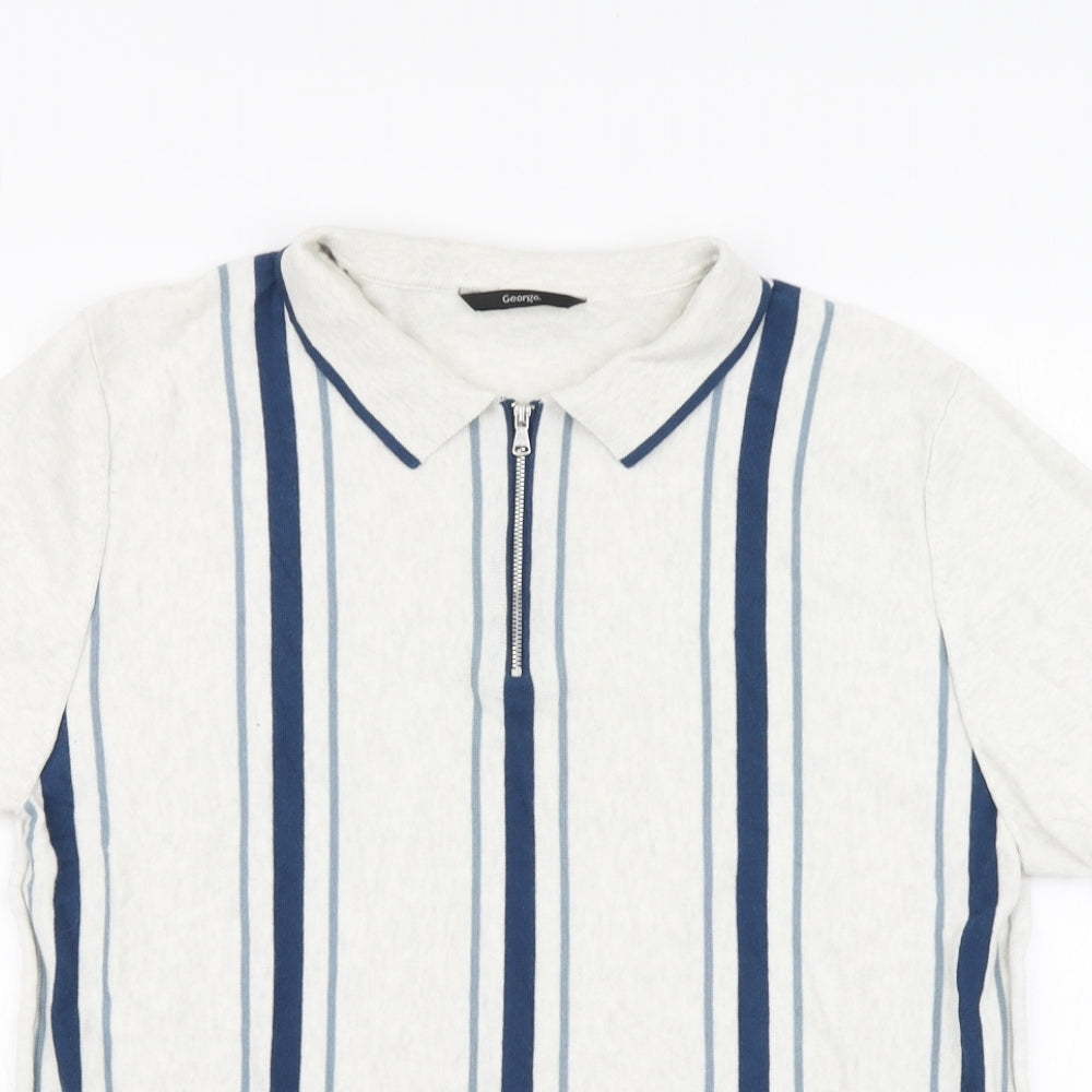 George Mens Beige Collared Striped Cotton Pullover Jumper Size L