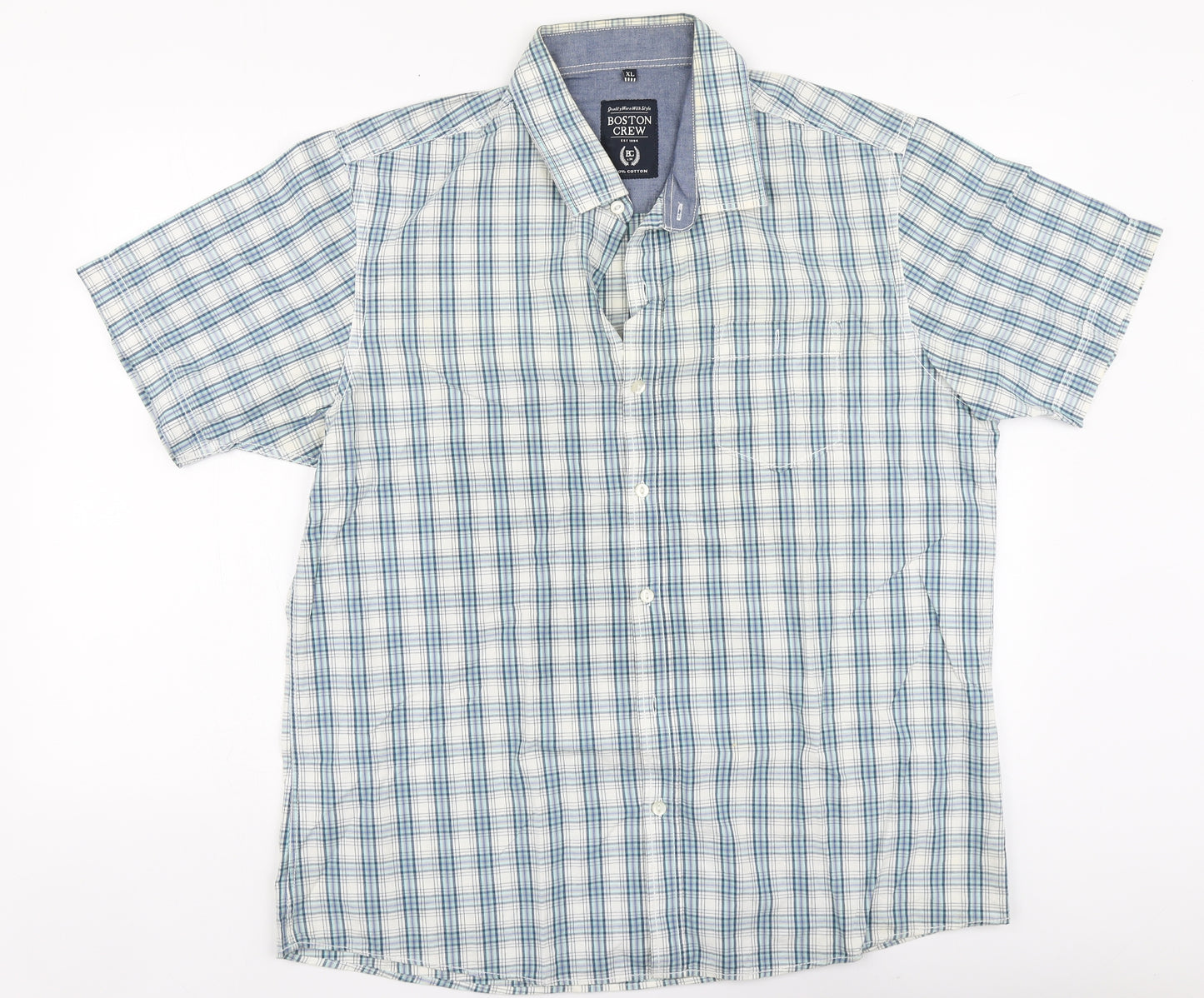 Boston Crew Mens Blue Plaid Cotton Button-Up Size XL Collared