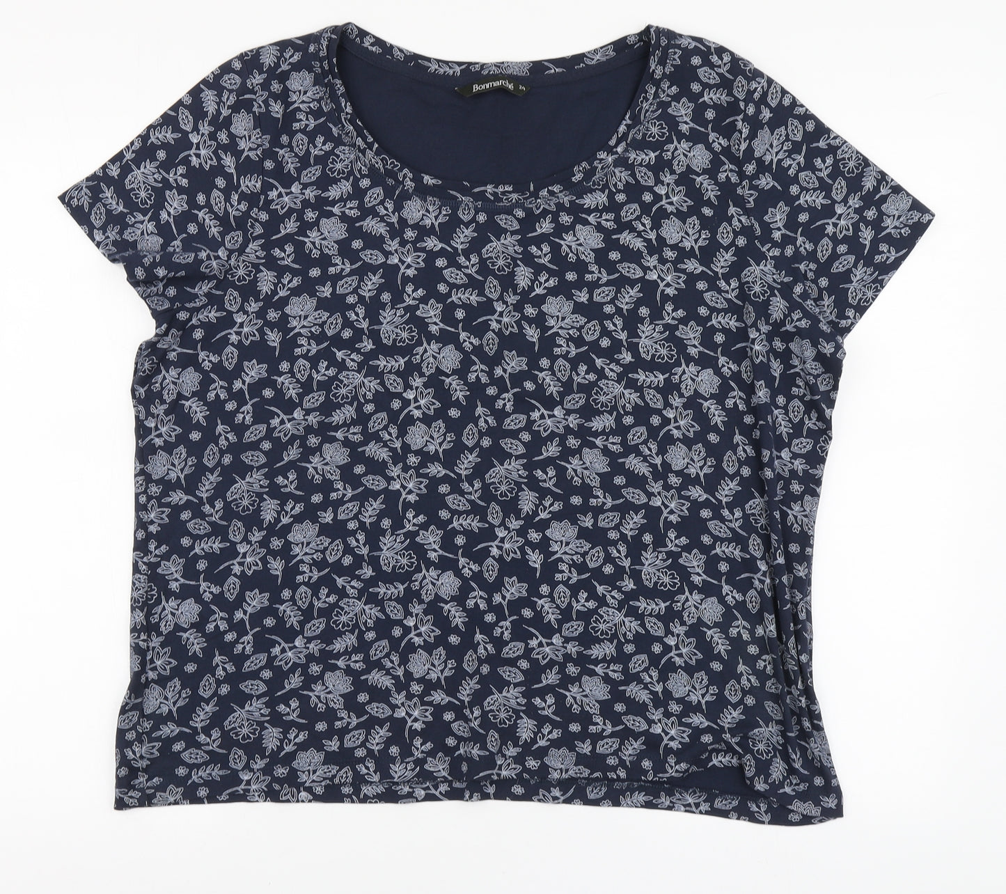 Bonmarché Womens Blue Floral Cotton Basic T-Shirt Size 24 Round Neck