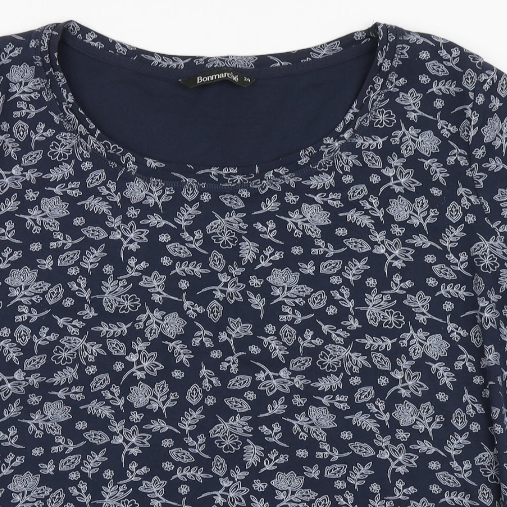 Bonmarché Womens Blue Floral Cotton Basic T-Shirt Size 24 Round Neck