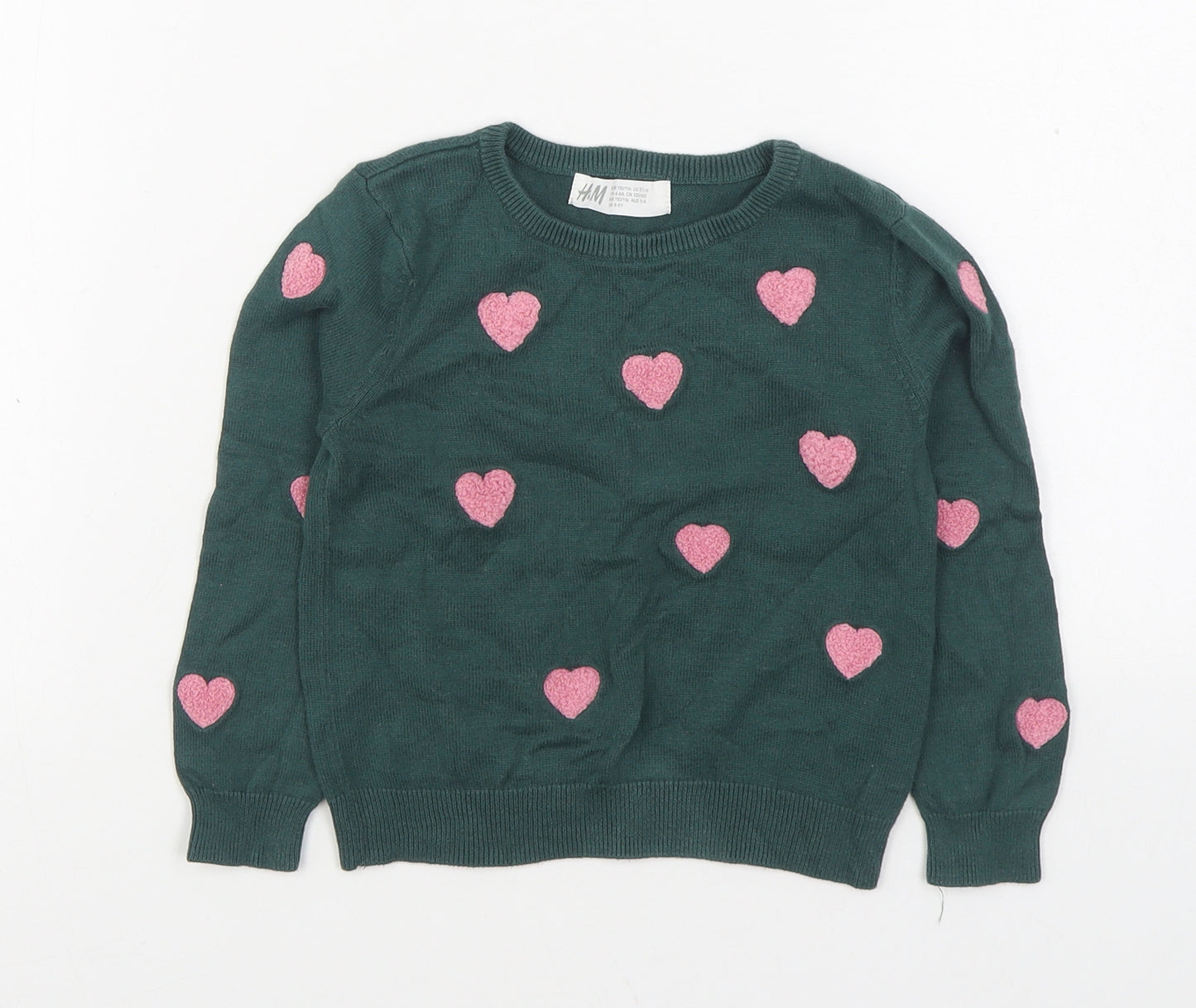 H&M Girls Green Round Neck Geometric 100% Cotton Pullover Jumper Size 5-6 Years Pullover