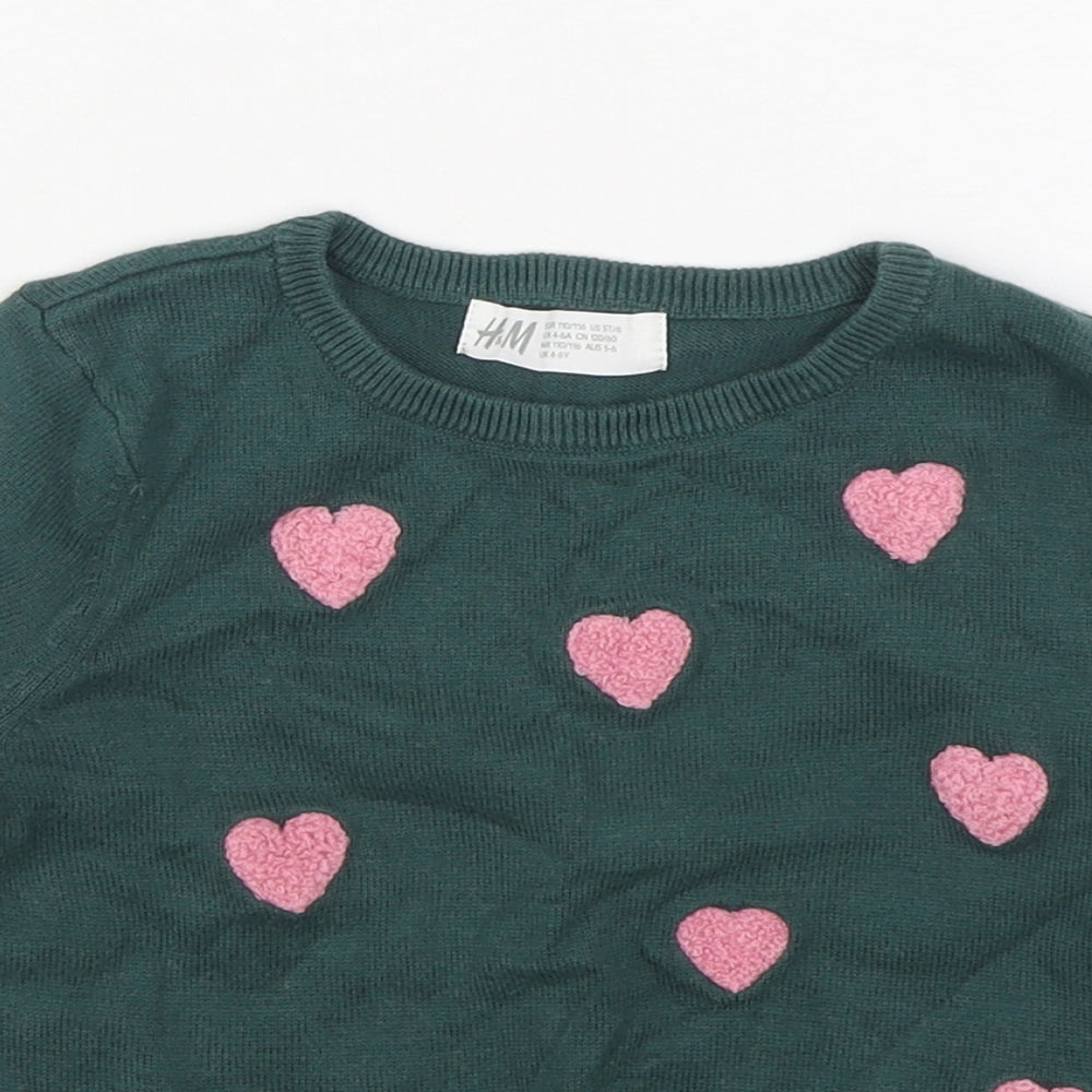 H&M Girls Green Round Neck Geometric 100% Cotton Pullover Jumper Size 5-6 Years Pullover