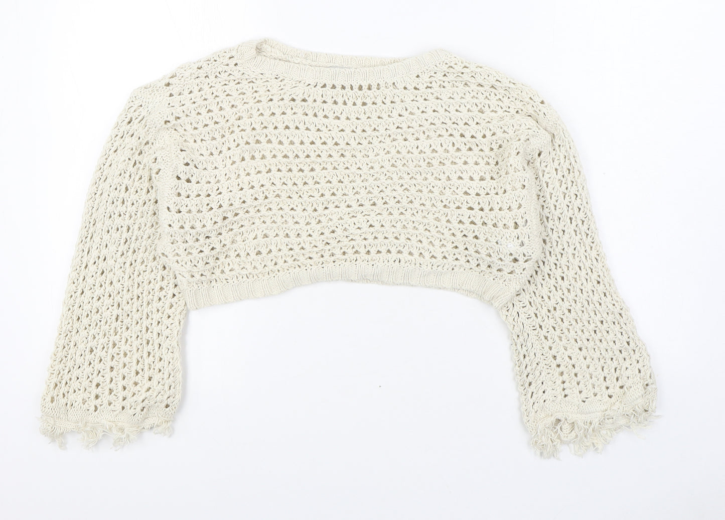 Bershka Womens Beige Boat Neck 100% Cotton Pullover Jumper Size M - Cropped