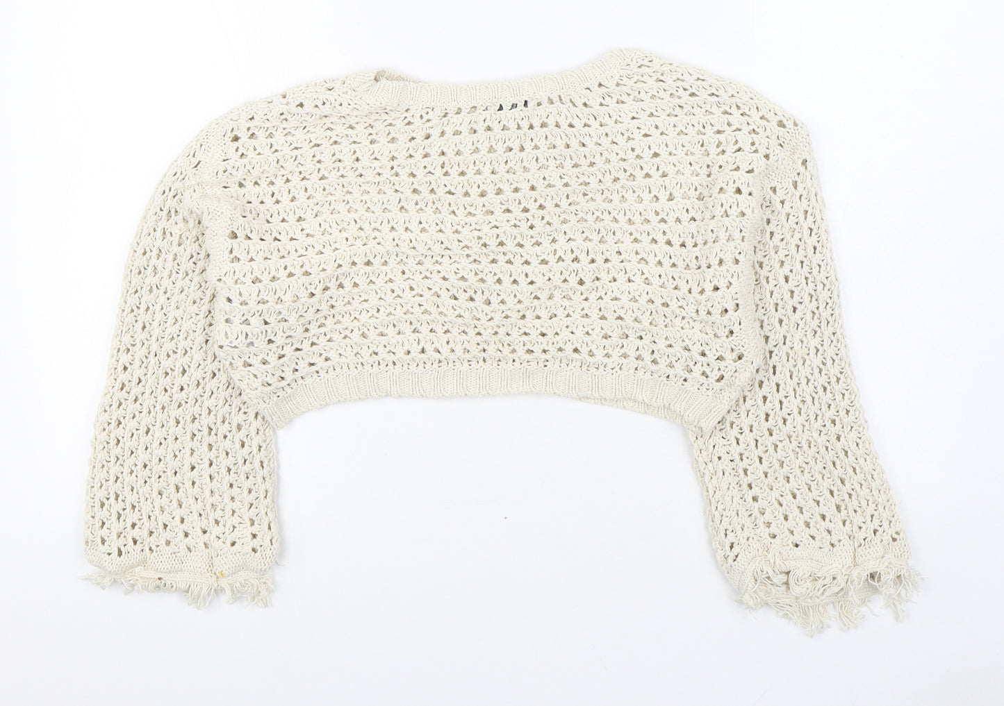 Bershka Womens Beige Boat Neck 100% Cotton Pullover Jumper Size M - Cropped