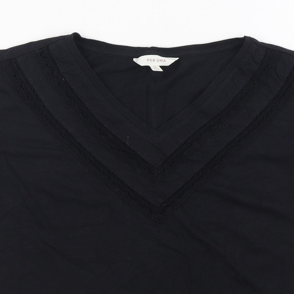 Marks and Spencer Womens Black Cotton Basic T-Shirt Size 14 V-Neck
