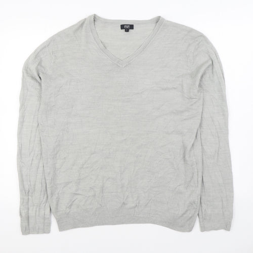 F&F Mens Grey V-Neck Acrylic Pullover Jumper Size L