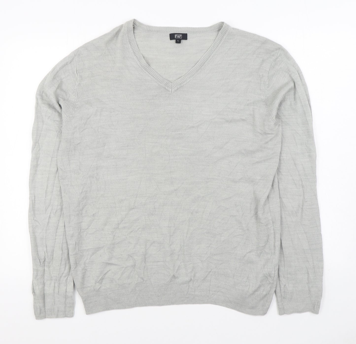 F&F Mens Grey V-Neck Acrylic Pullover Jumper Size L