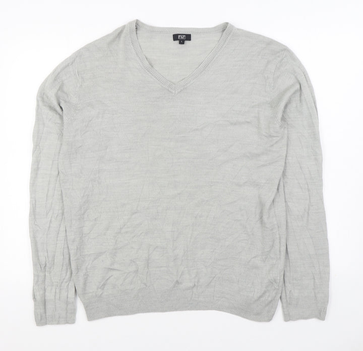 F&F Mens Grey V-Neck Acrylic Pullover Jumper Size L