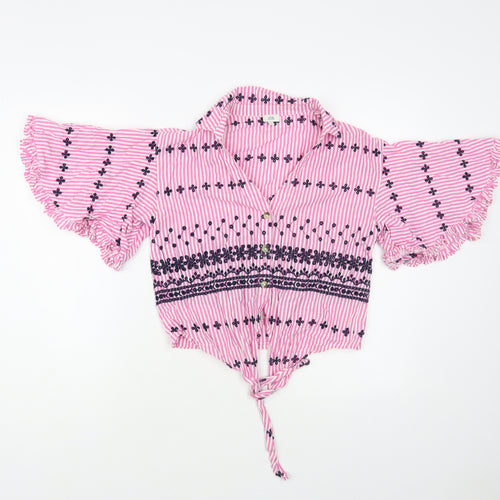 River Island Womens Pink Striped Cotton Cropped Button-Up Size 8 Collared