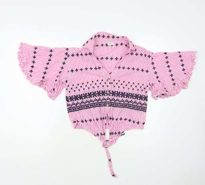 River Island Womens Pink Striped Cotton Cropped Button-Up Size 8 Collared