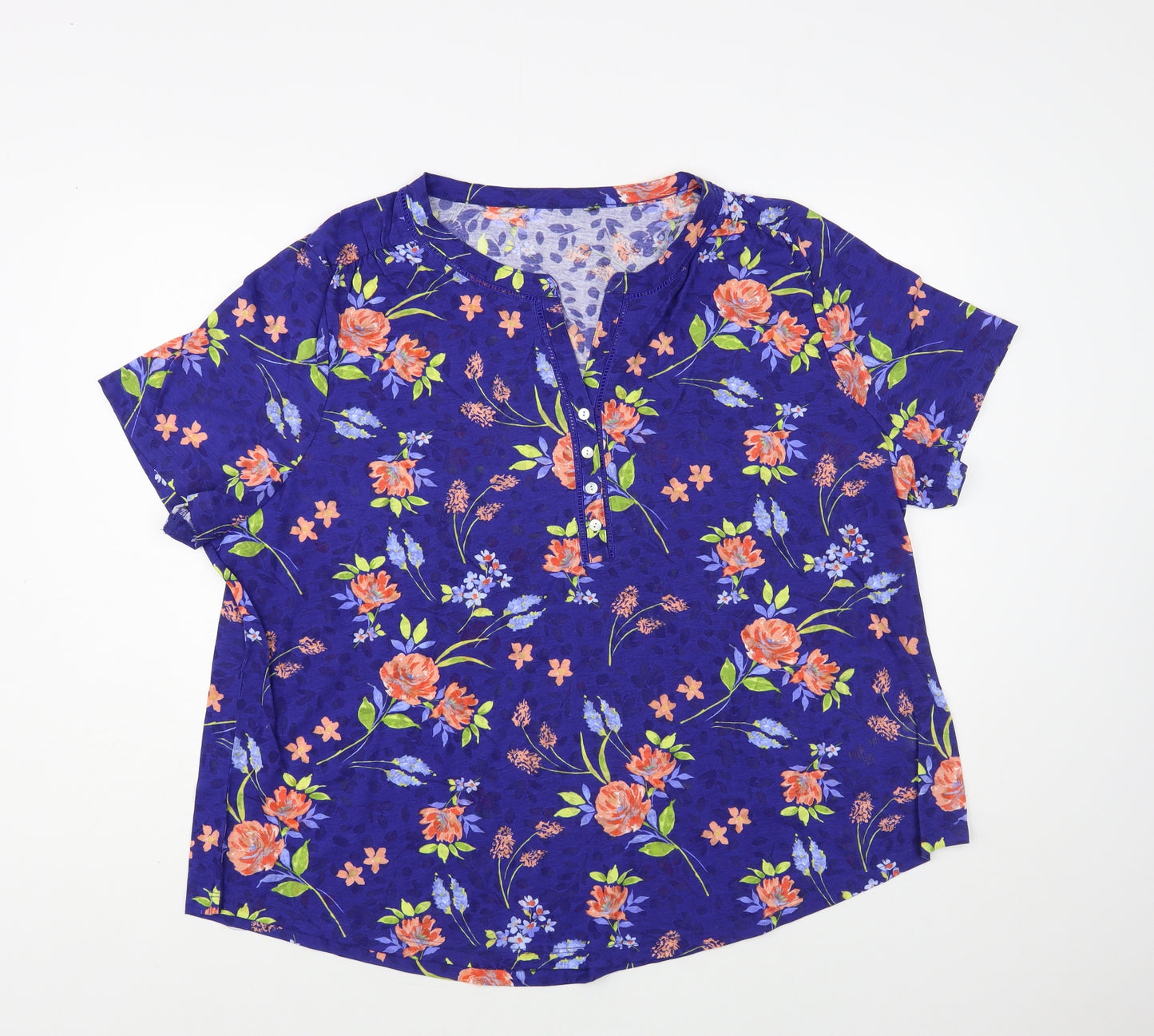 Preworn Womens Blue Floral Polyester Basic T-Shirt Size 24 V-Neck