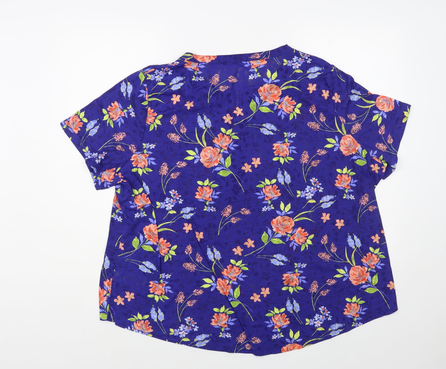 Preworn Womens Blue Floral Polyester Basic T-Shirt Size 24 V-Neck