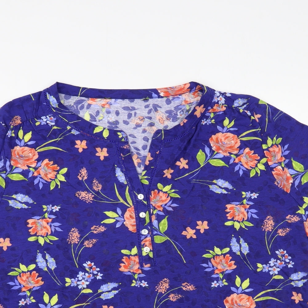 Preworn Womens Blue Floral Polyester Basic T-Shirt Size 24 V-Neck