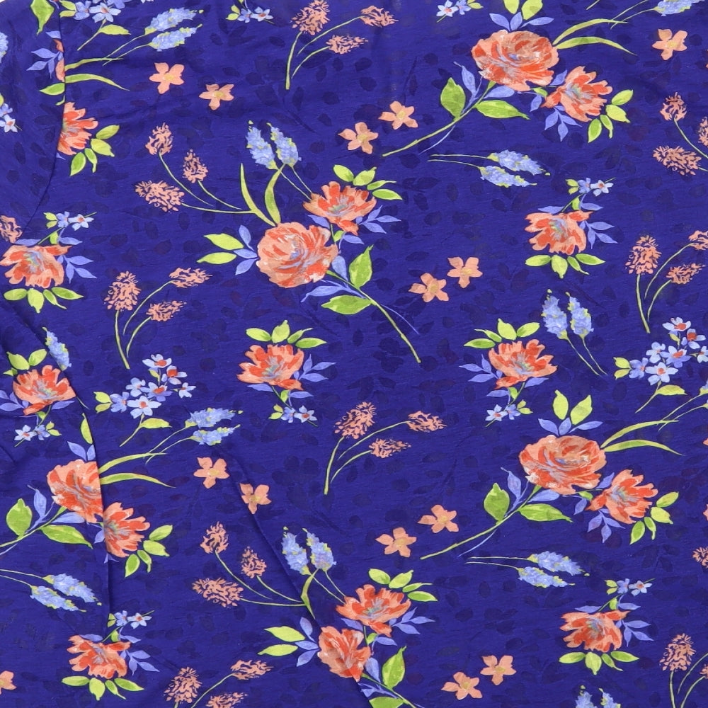 Preworn Womens Blue Floral Polyester Basic T-Shirt Size 24 V-Neck