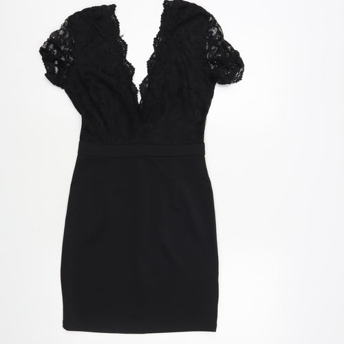 Missguided Womens Black Polyester Bodycon Size 8 V-Neck Zip - Lace Detail