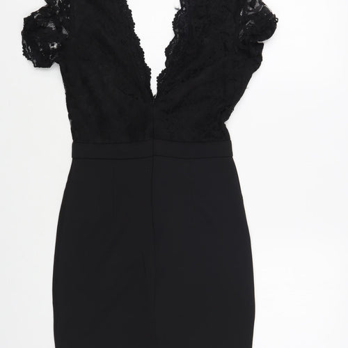 Missguided Womens Black Polyester Bodycon Size 8 V-Neck Zip - Lace Detail