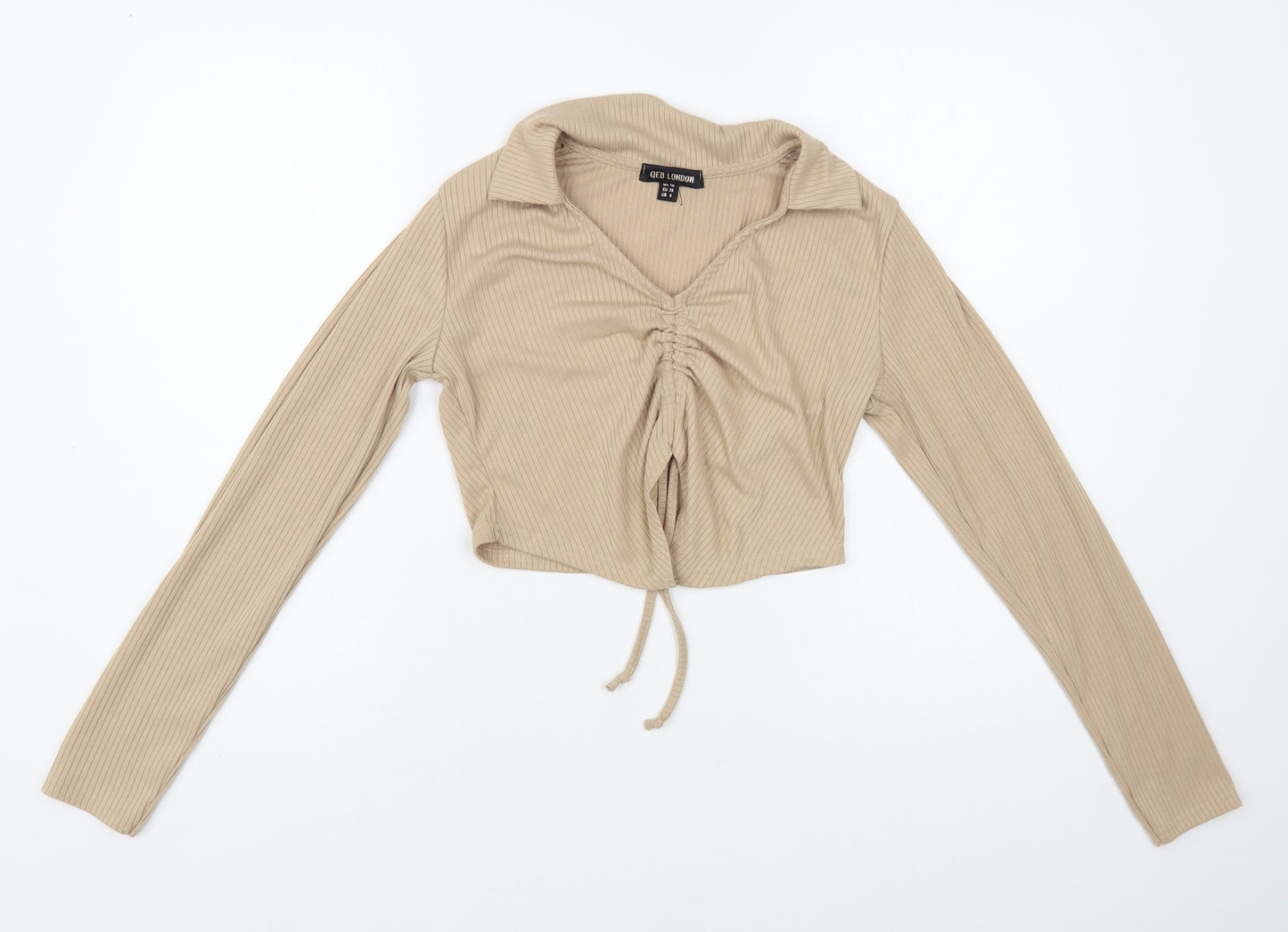 QED London Womens Beige Polyester Cropped T-Shirt Size 10 V-Neck