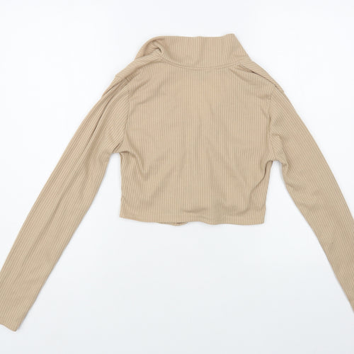 QED London Womens Beige Polyester Cropped T-Shirt Size 10 V-Neck