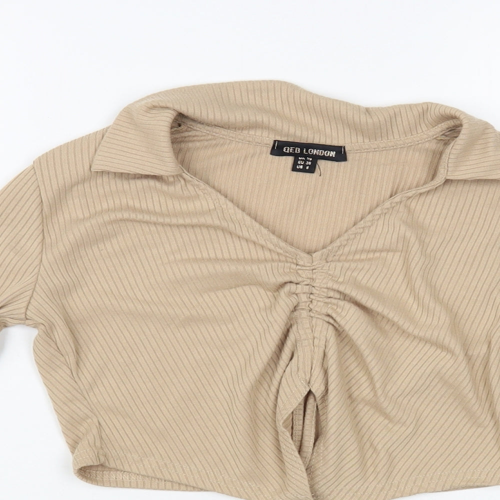 QED London Womens Beige Polyester Cropped T-Shirt Size 10 V-Neck