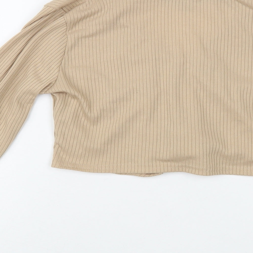 QED London Womens Beige Polyester Cropped T-Shirt Size 10 V-Neck