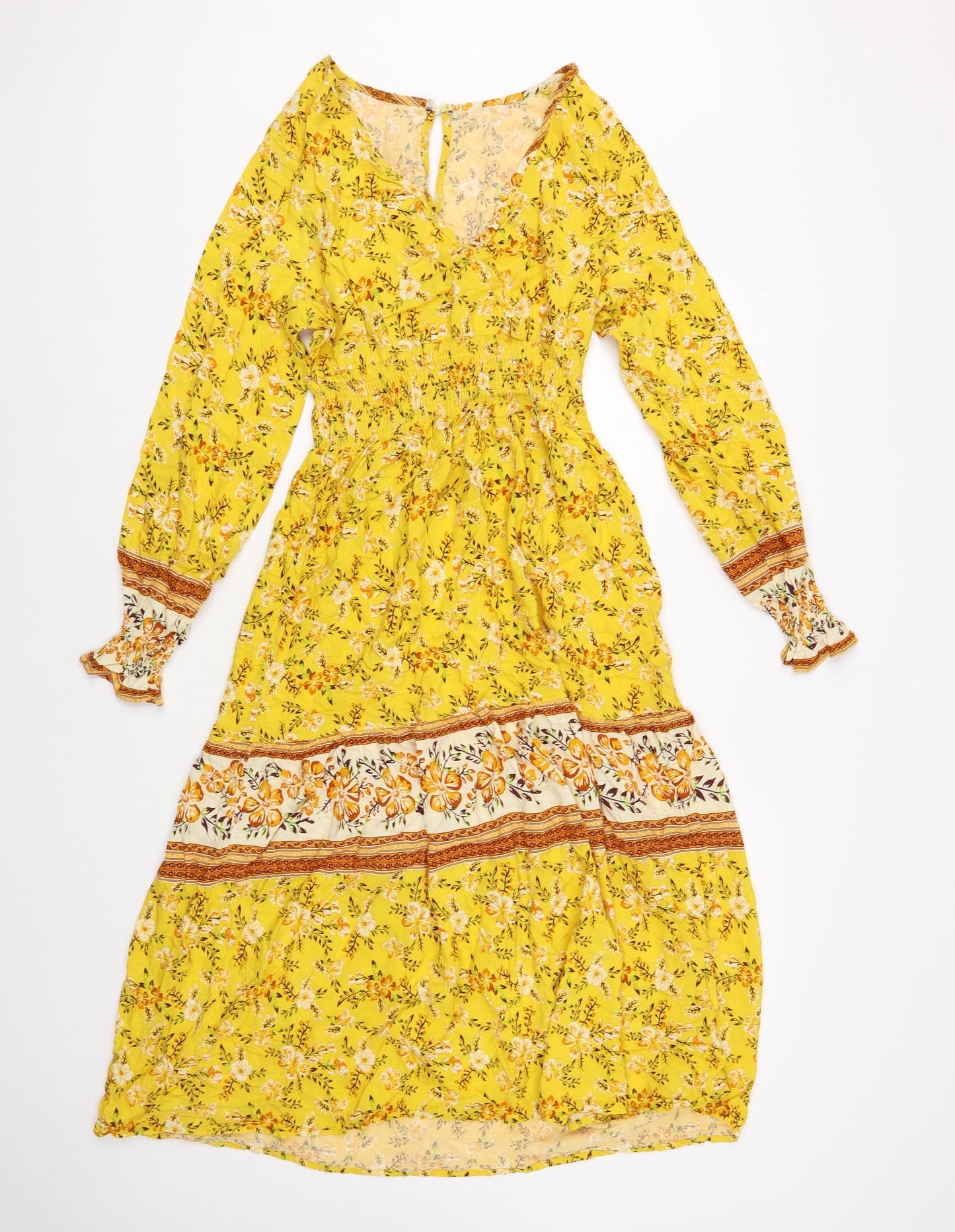 SheIn Womens Yellow Floral Viscose Fit & Flare Size M V-Neck Pullover
